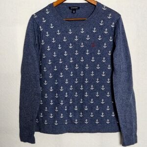 Lands' End Blue Pullover Cotton Cashmere Blend Anchor Print Sweater - Size Large